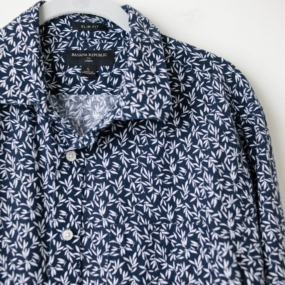 Banana Republic Linen Cotton Shirt Mens Large Blue Slim Fit Leaf Print Button Up